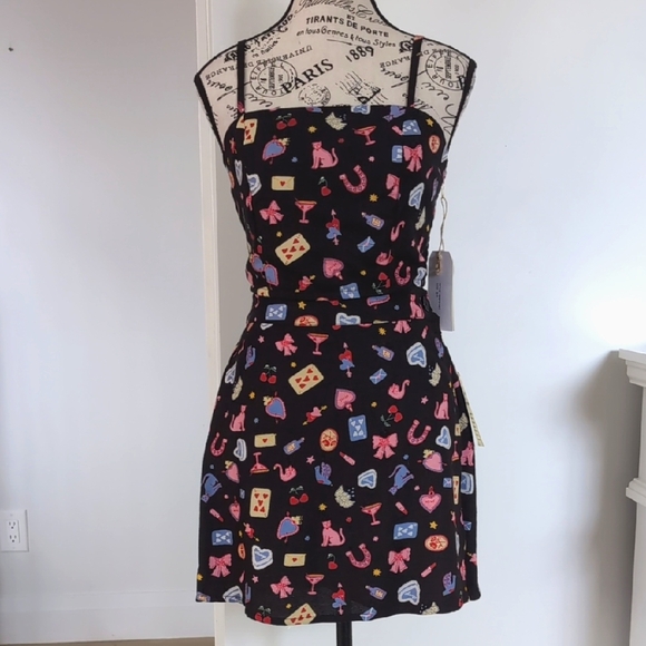 MIDNIGHT SKY | Women's Black Love Themed Linen Blend Crop Top and Mini Skirt Set - Picture 1 of 7